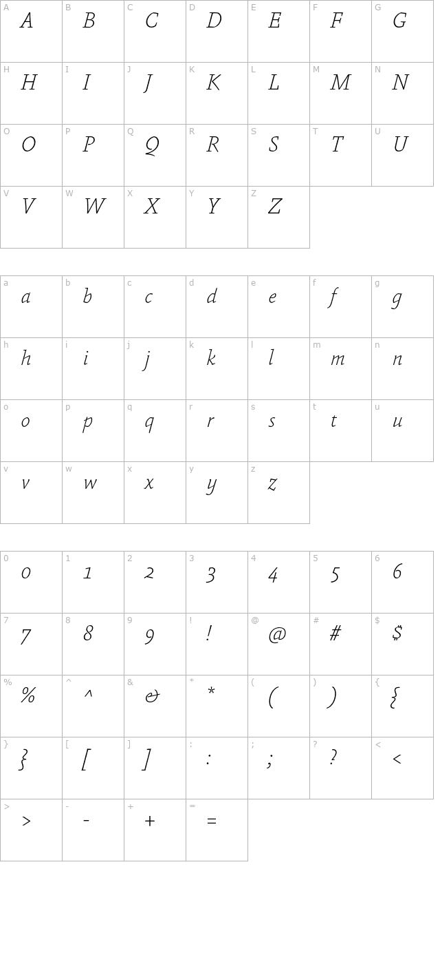 Absara-ThinItalic character map