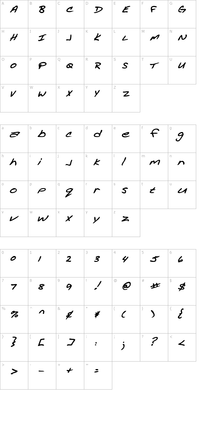 AcaciasHand Bold Italic character map