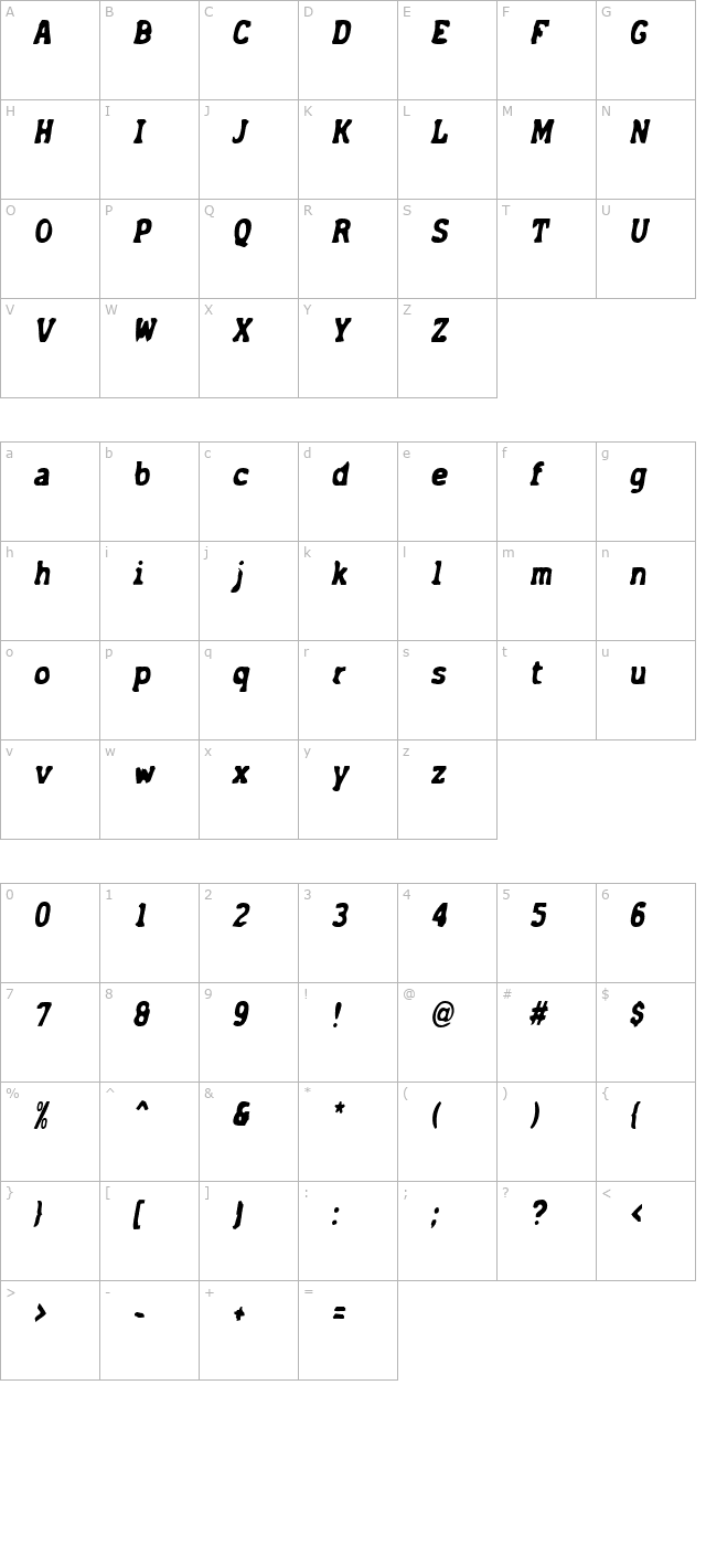 AcckCondensed Italic character map