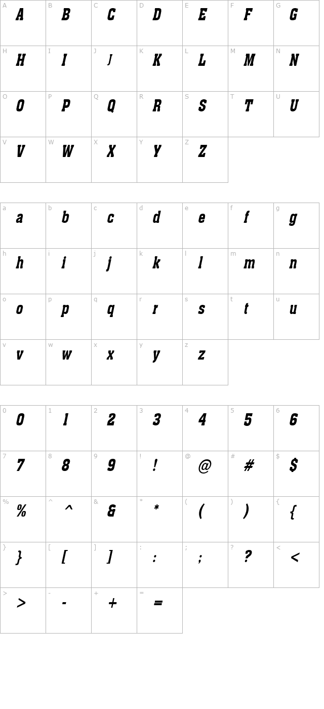 Ache Condensed BoldItalic character map