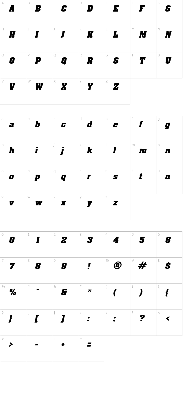Acklin Italic character map
