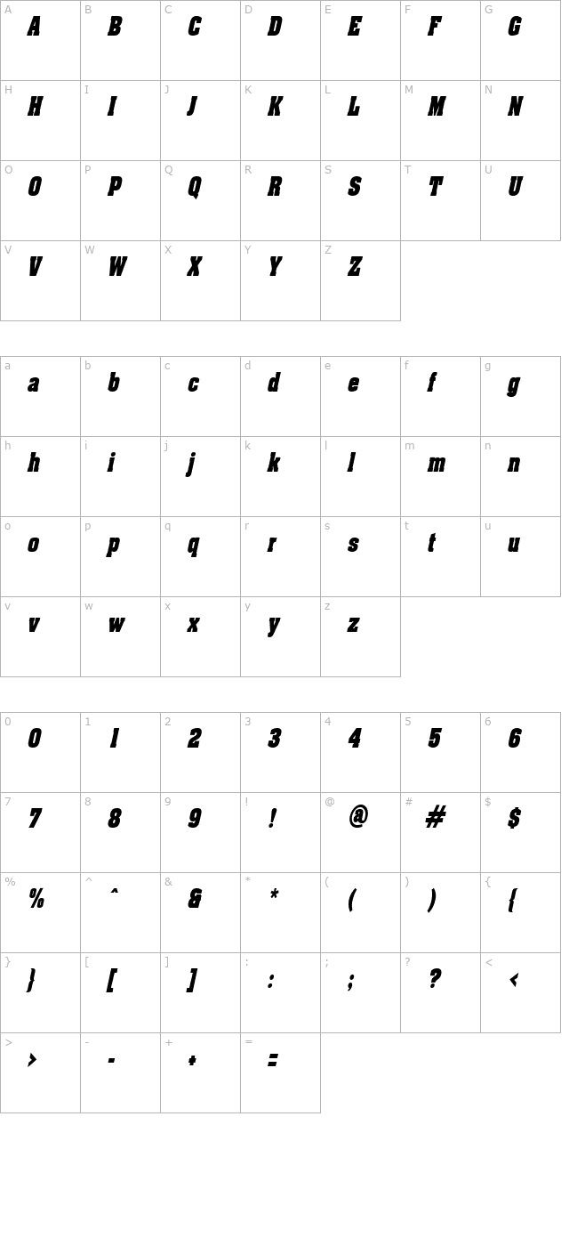AcklinCondensed Italic character map