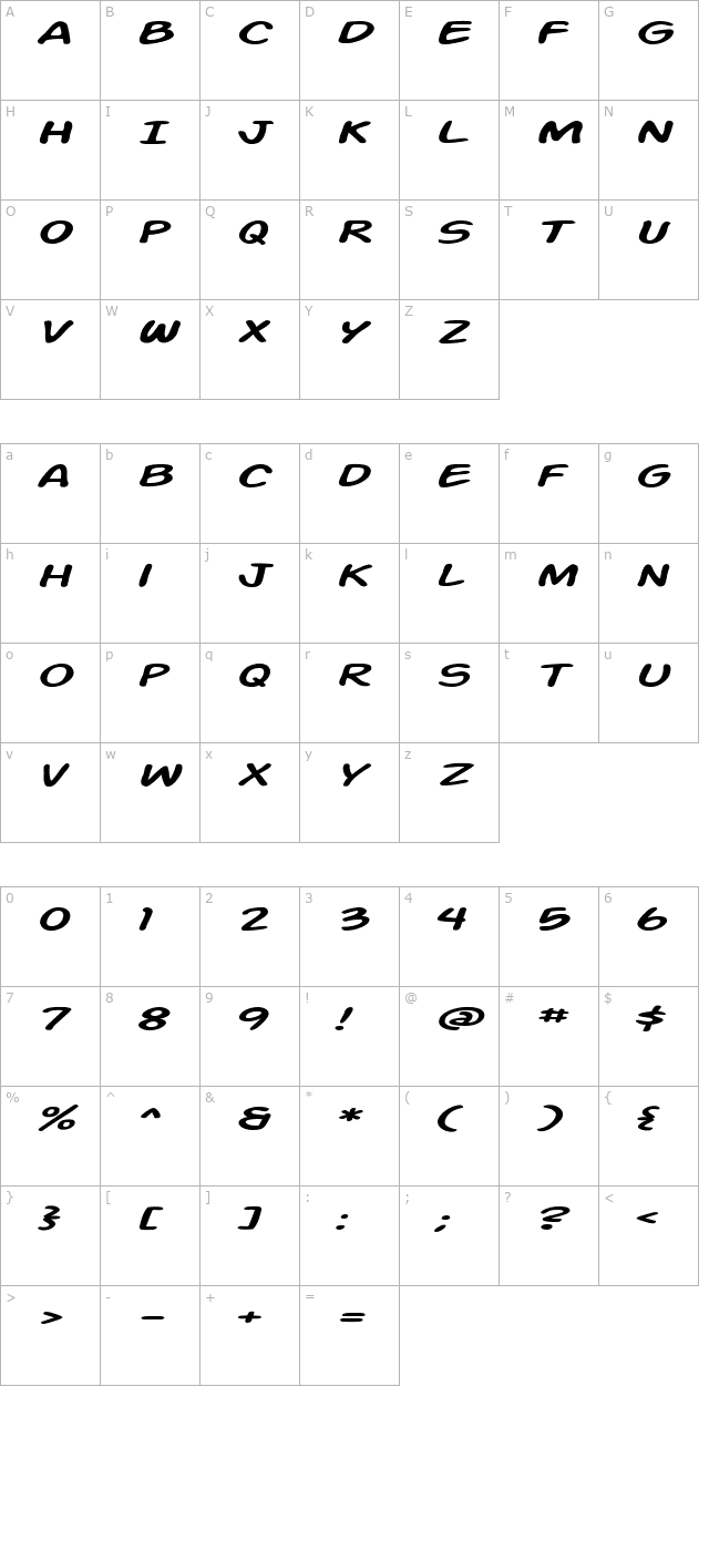 Action Man Extended Italic character map