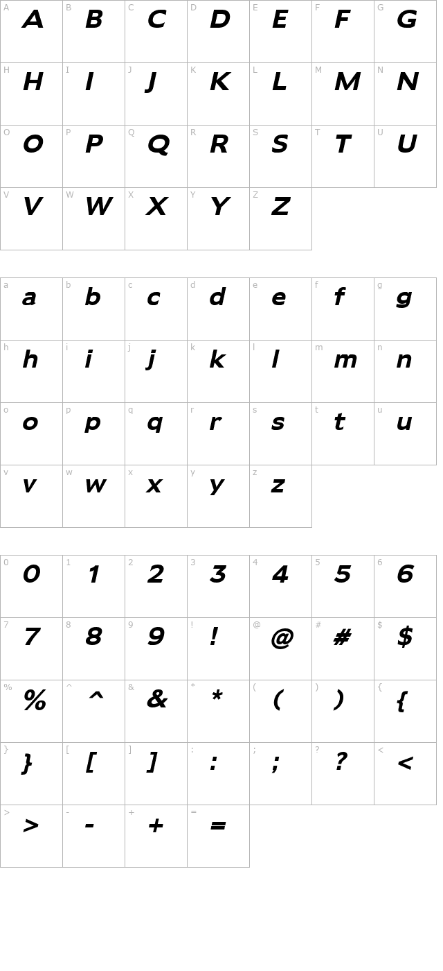 Adams Bold Italic character map