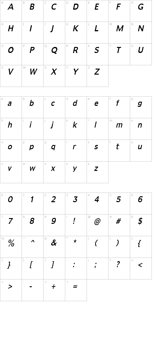 Adams Condensed Italic character map