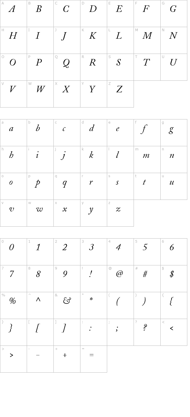 Adobe Caslon Italic character map