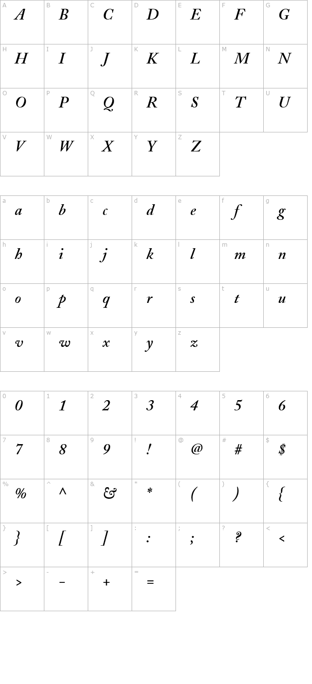 Adobe Caslon Semibold Italic character map
