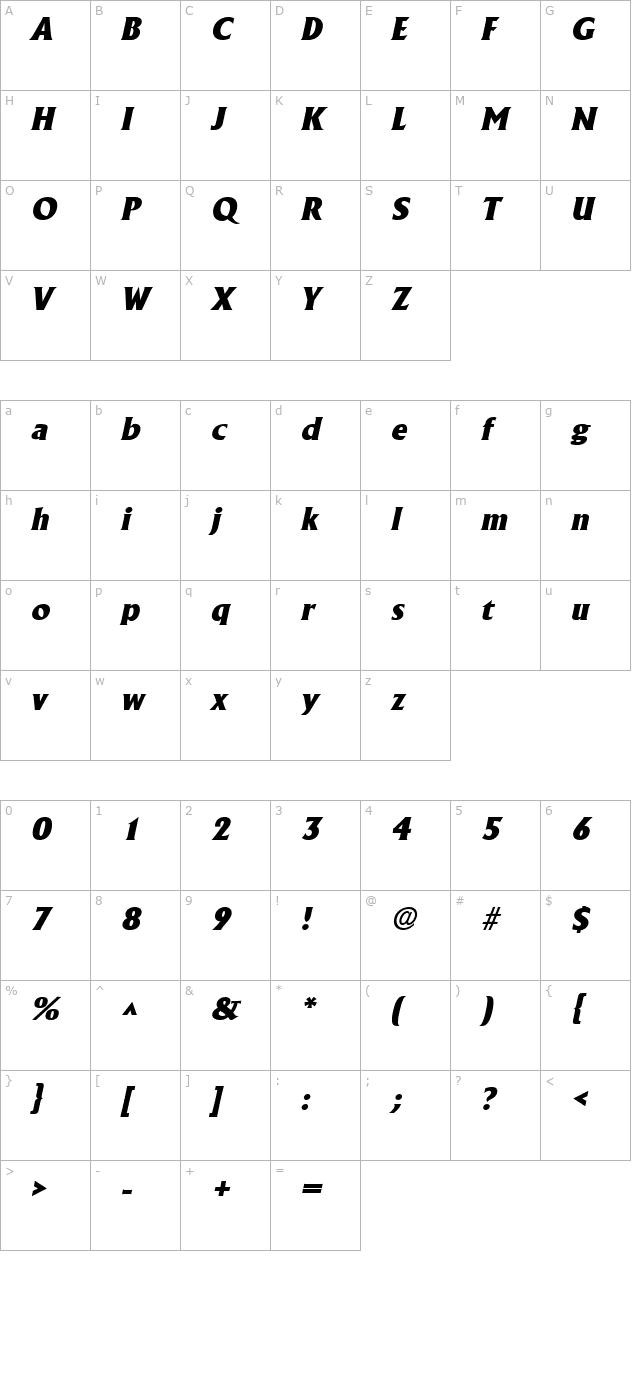 AlbertaHeavy Italic character map