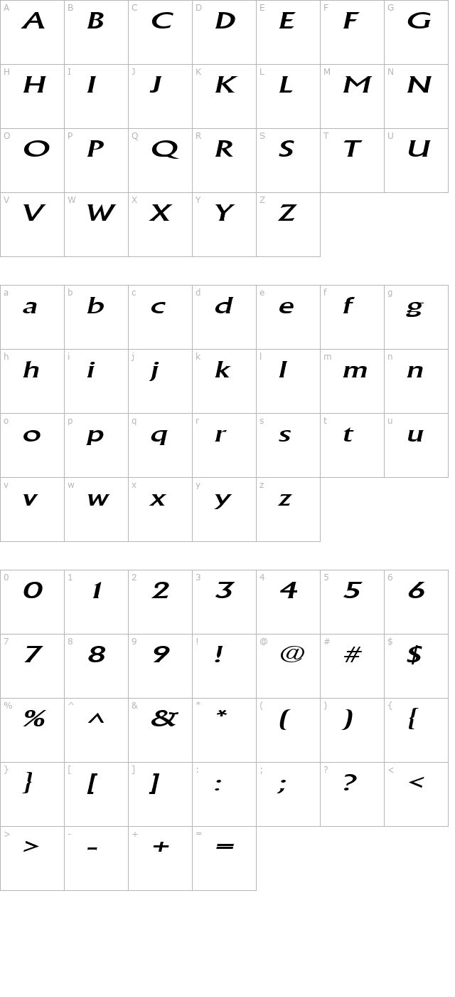 AlbertaWide Italic character map