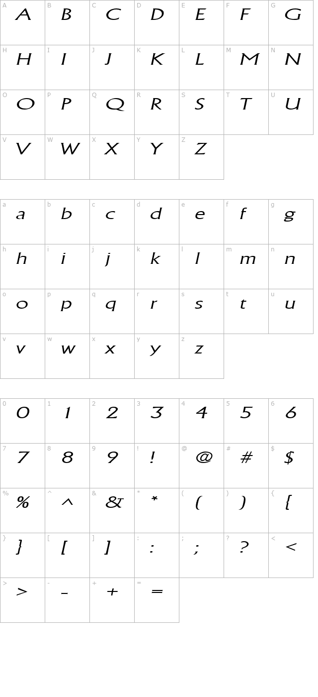 AlbertaWideExtralight Italic character map