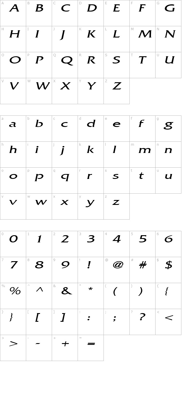 AllianceExtended Italic character map