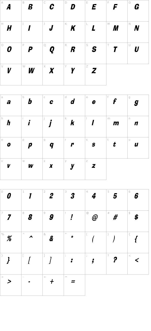 Alor Narrow Condensed BoldItalic character map