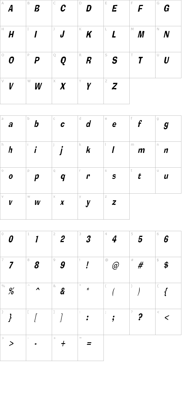 Alor Narrow Condensed Italic character map