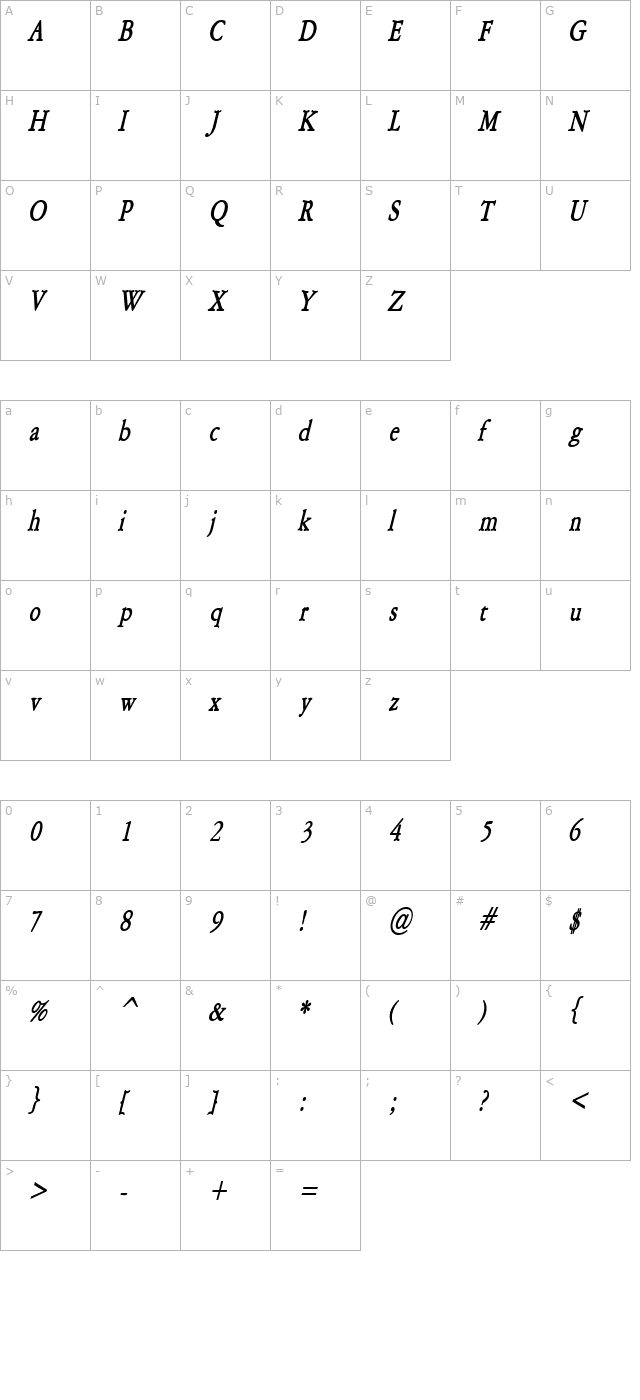 Amery Condensed BoldItalic character map