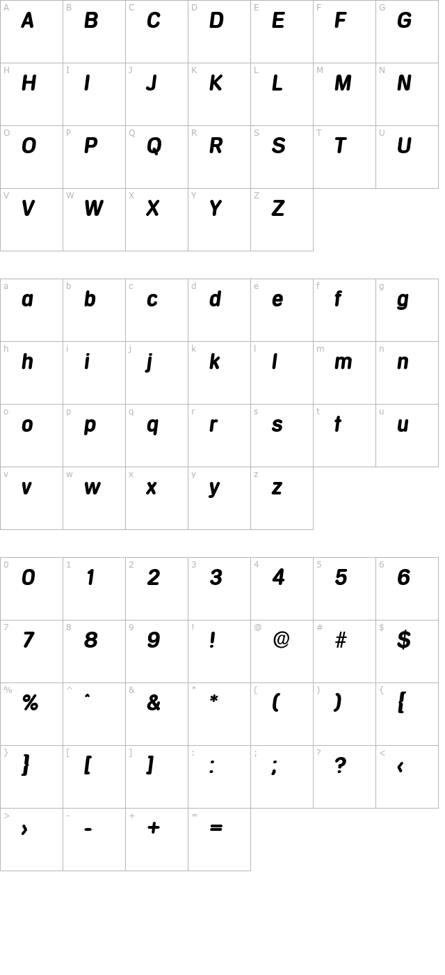 AndreasBecker Bold Italic character map