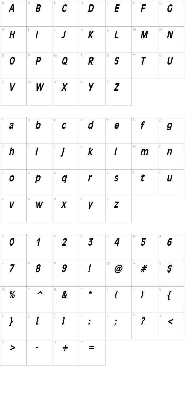Antiqua 101 Condensed BoldItalic character map