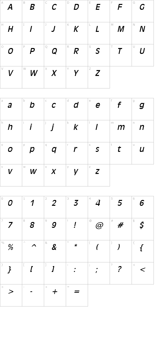 Antiqua 101 Italic character map