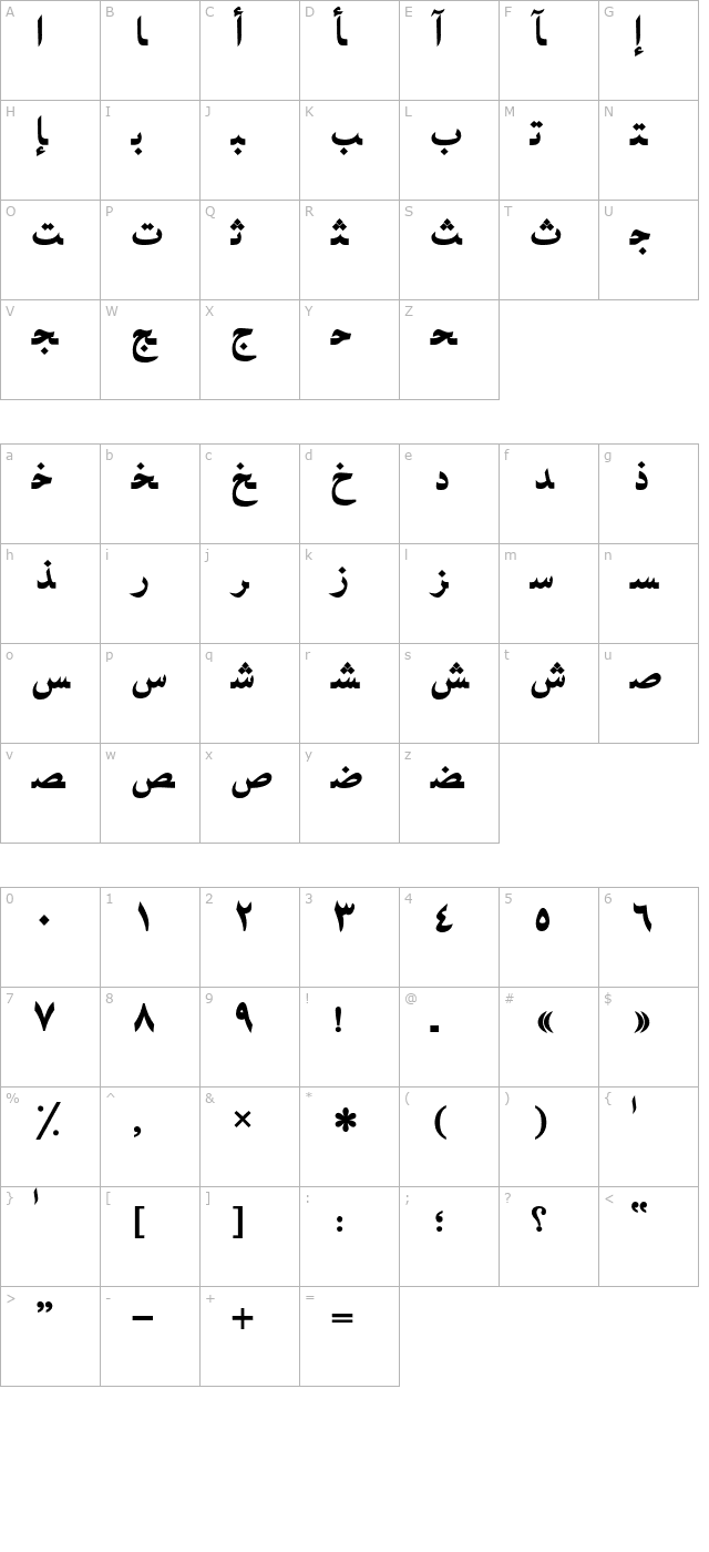 arabic-bold character map