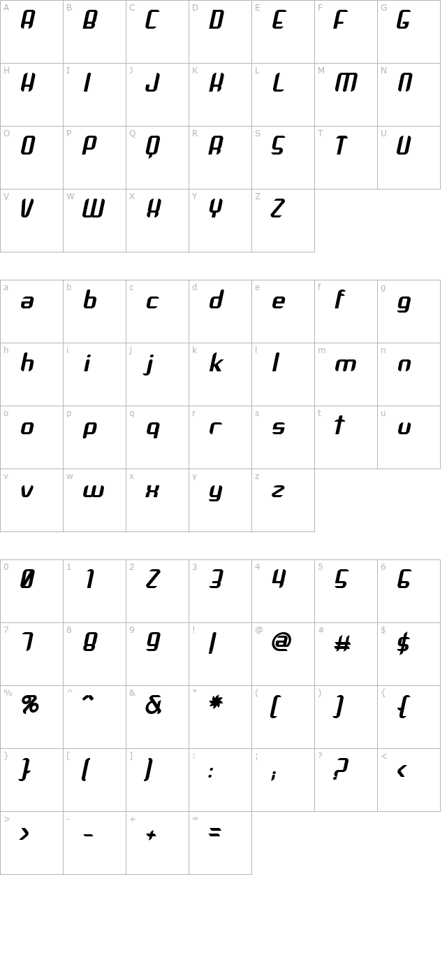 Arbeka Bold Italic character map