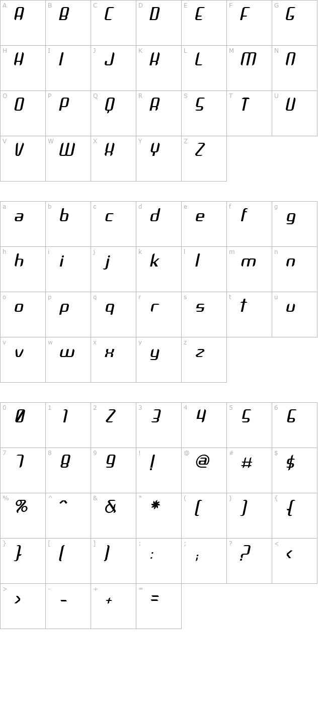 arbeka-italic character map