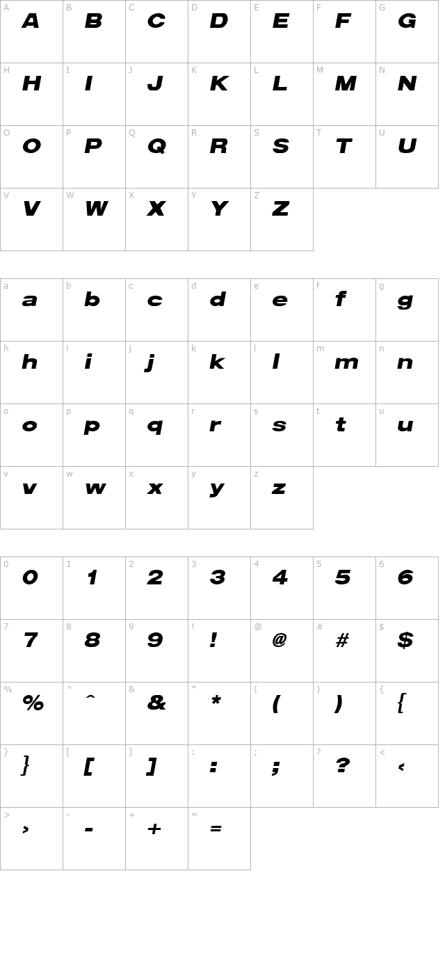 Arena Black Extended Italic character map