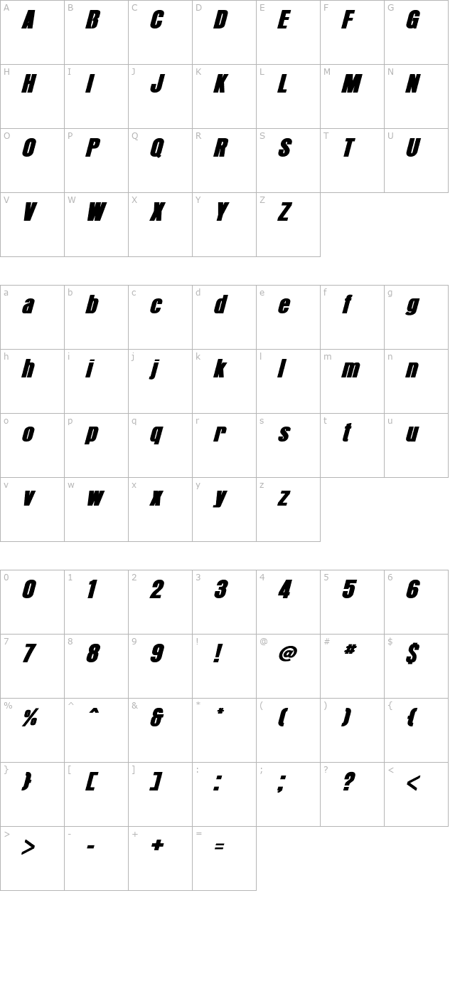 Arroyo Bold Italic character map