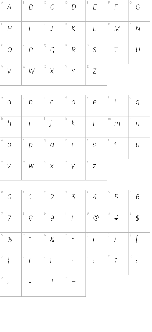 ArthurBecker-ExtraLight Italic character map