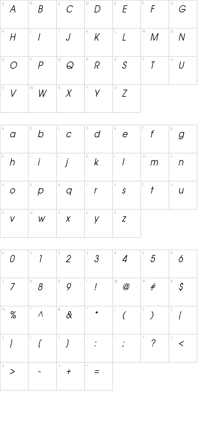 Atilla Condensed Italic character map