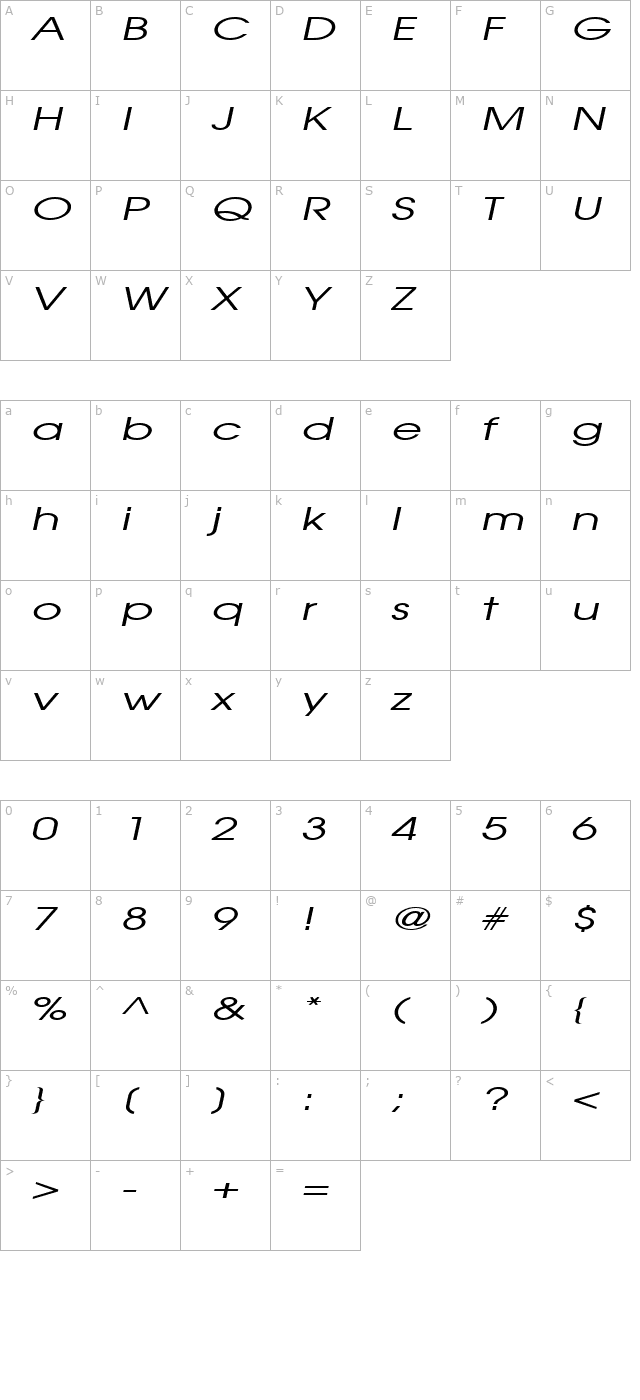 Atilla Extended Italic character map