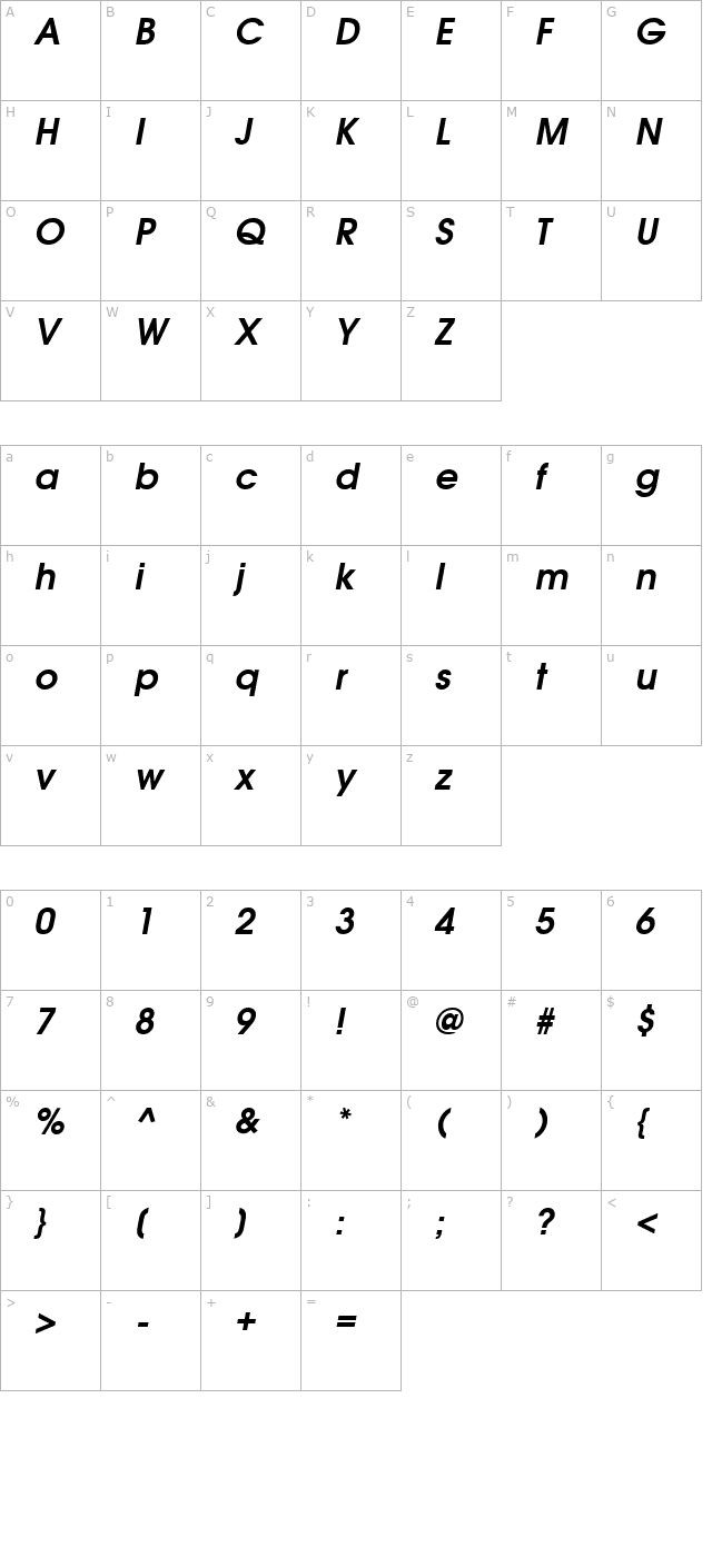 Avalon Bold Italic character map