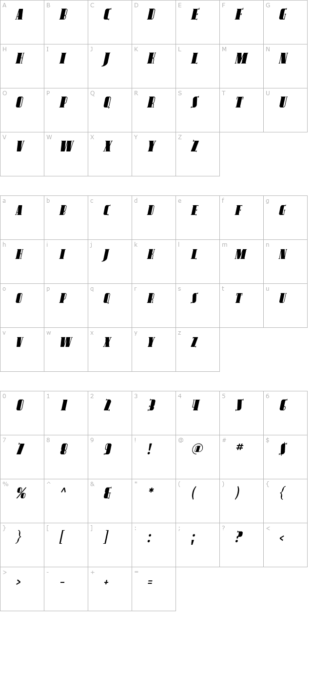 avondale-sc-italic character map