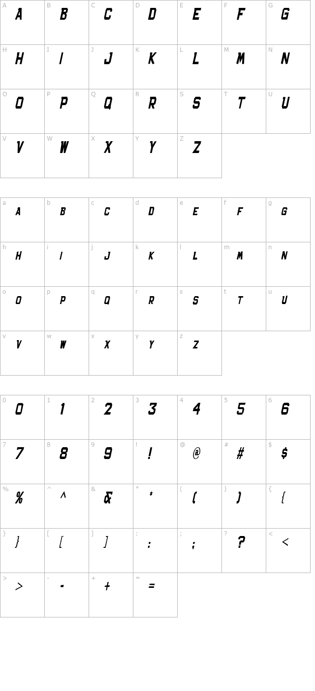 Bachelor Pad Condensed JL Italic character map