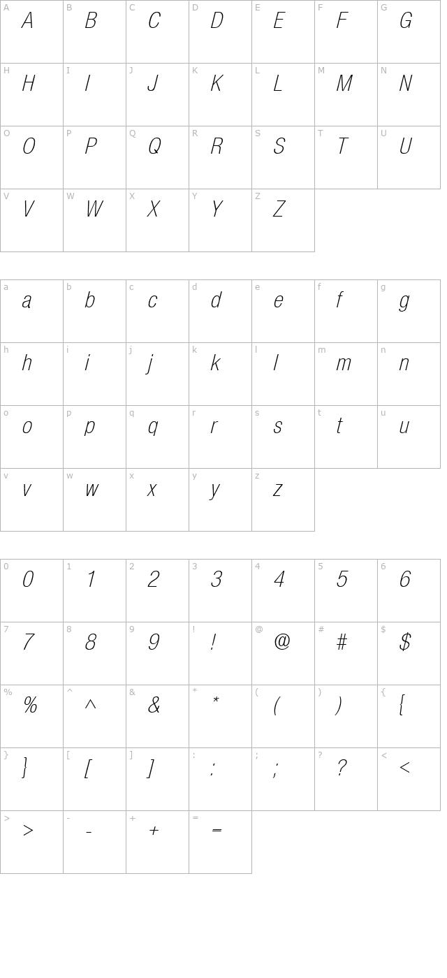 Basic Sans Light SF Italic character map
