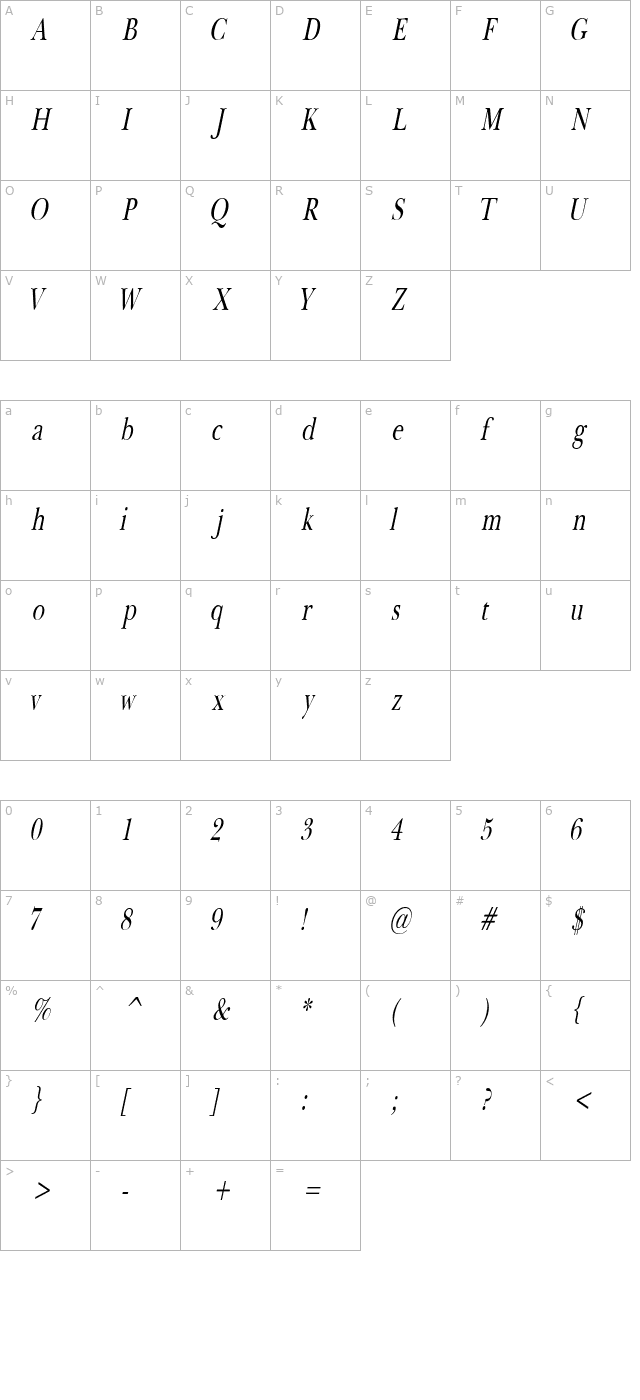 BaskertonCondensedSW Italic character map