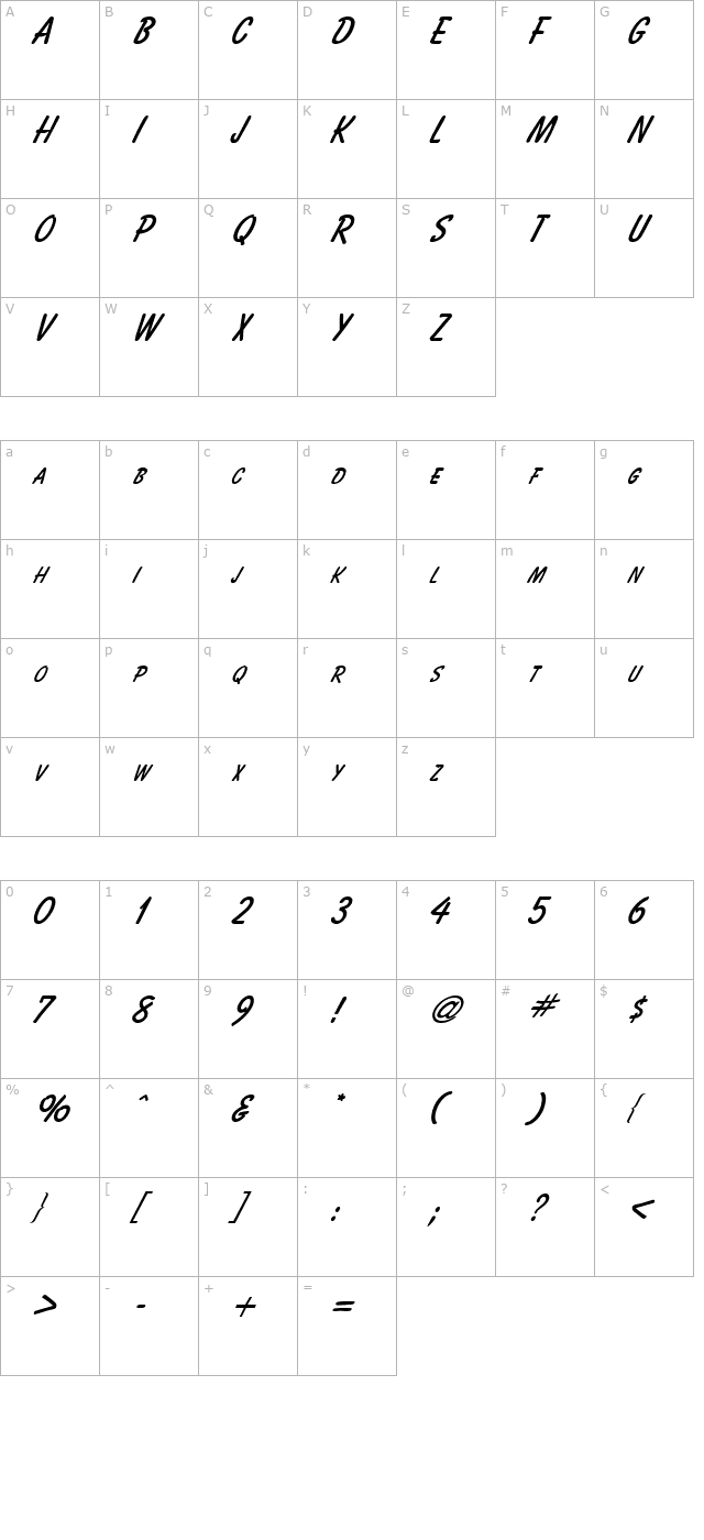 Bassett Italic character map