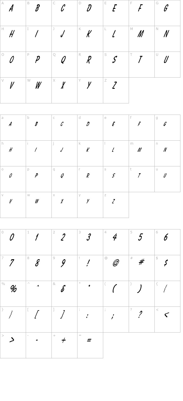 bassett-thin-italic character map