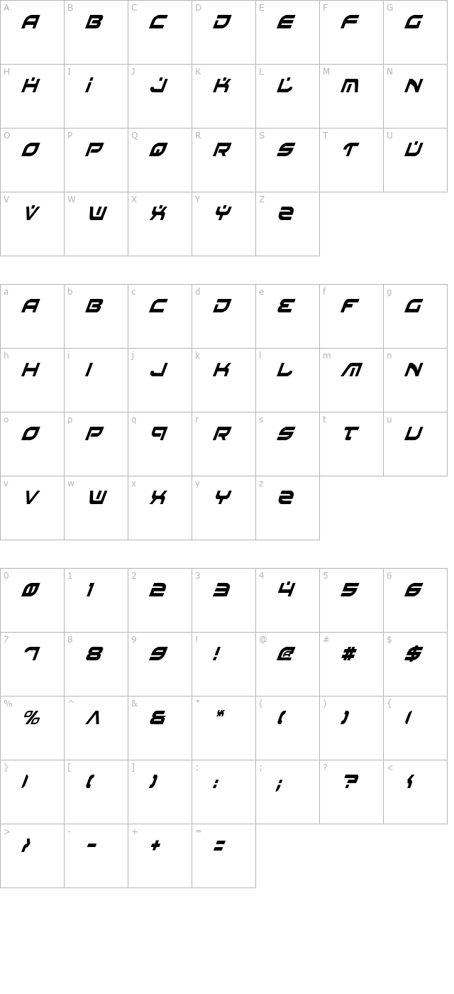 Battlefield Condensed Italic character map