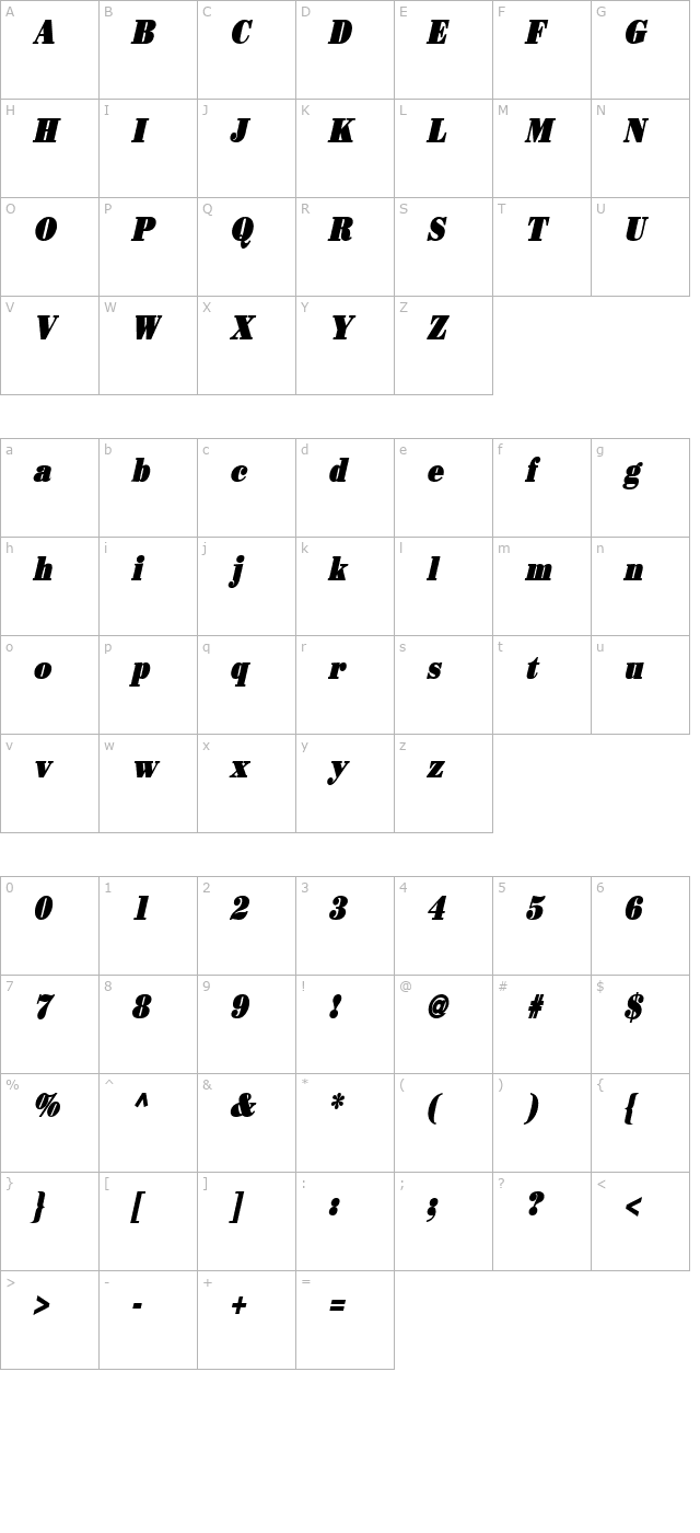 Beau Condensed BoldItalic character map