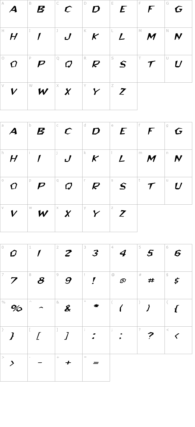 BedrockWide Italic character map