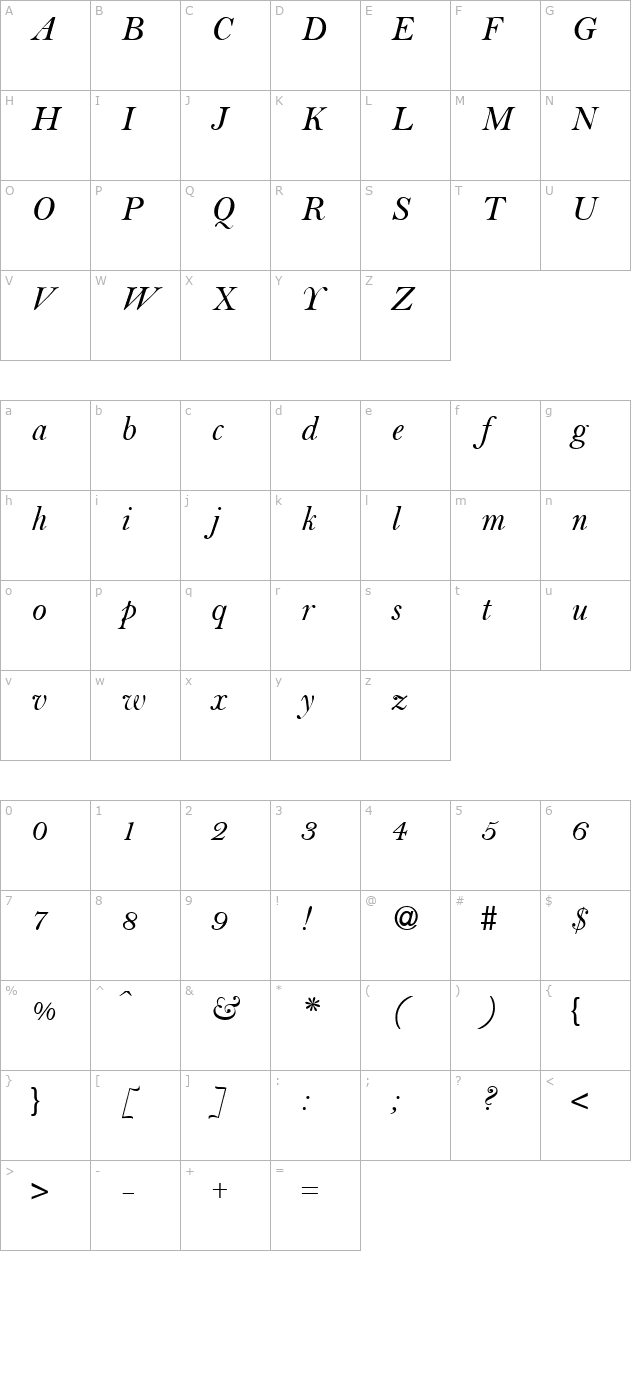 Belami-RegularItalic character map