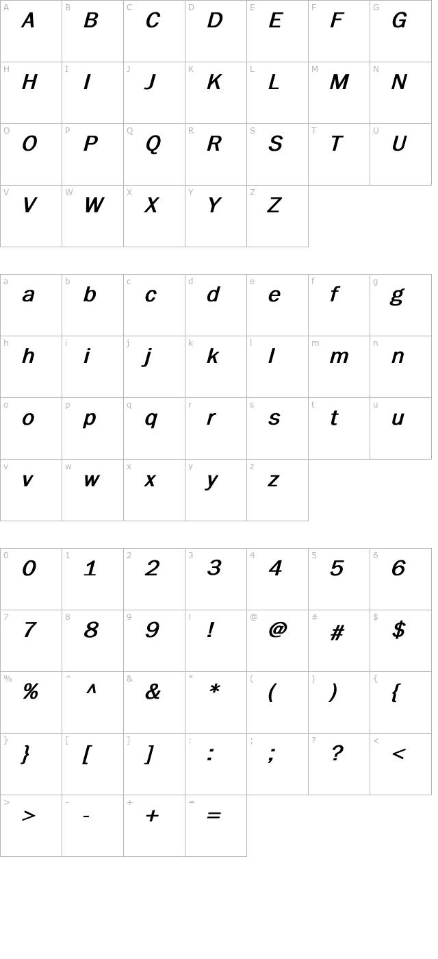 Benjamin Gothic Bold Italic character map