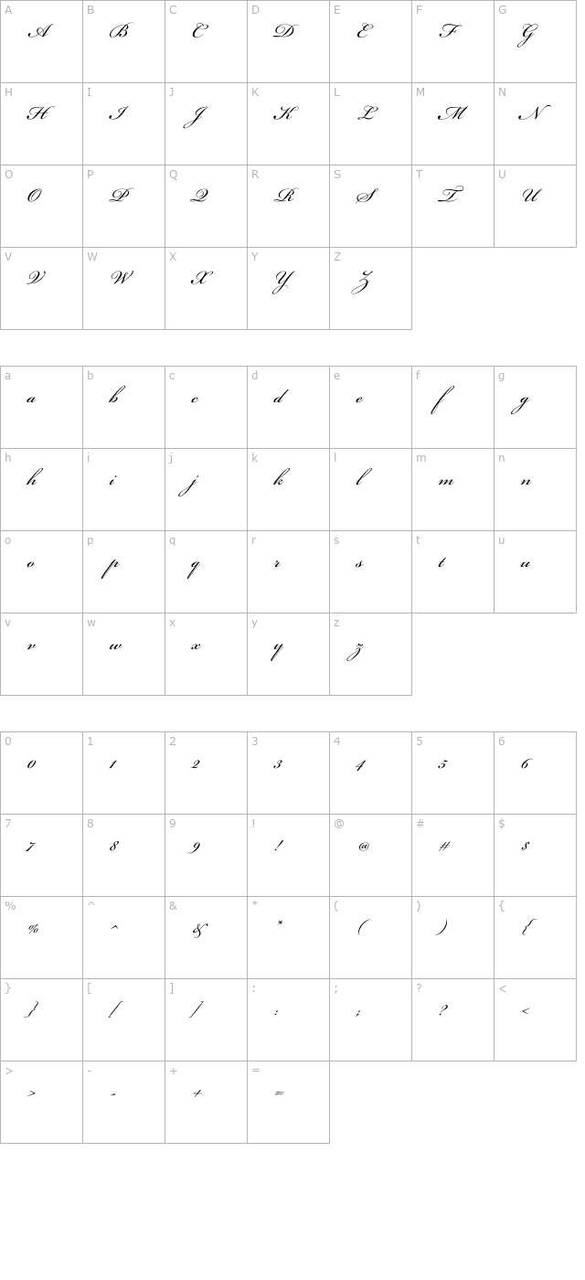 Bickham Script 400 Italic character map