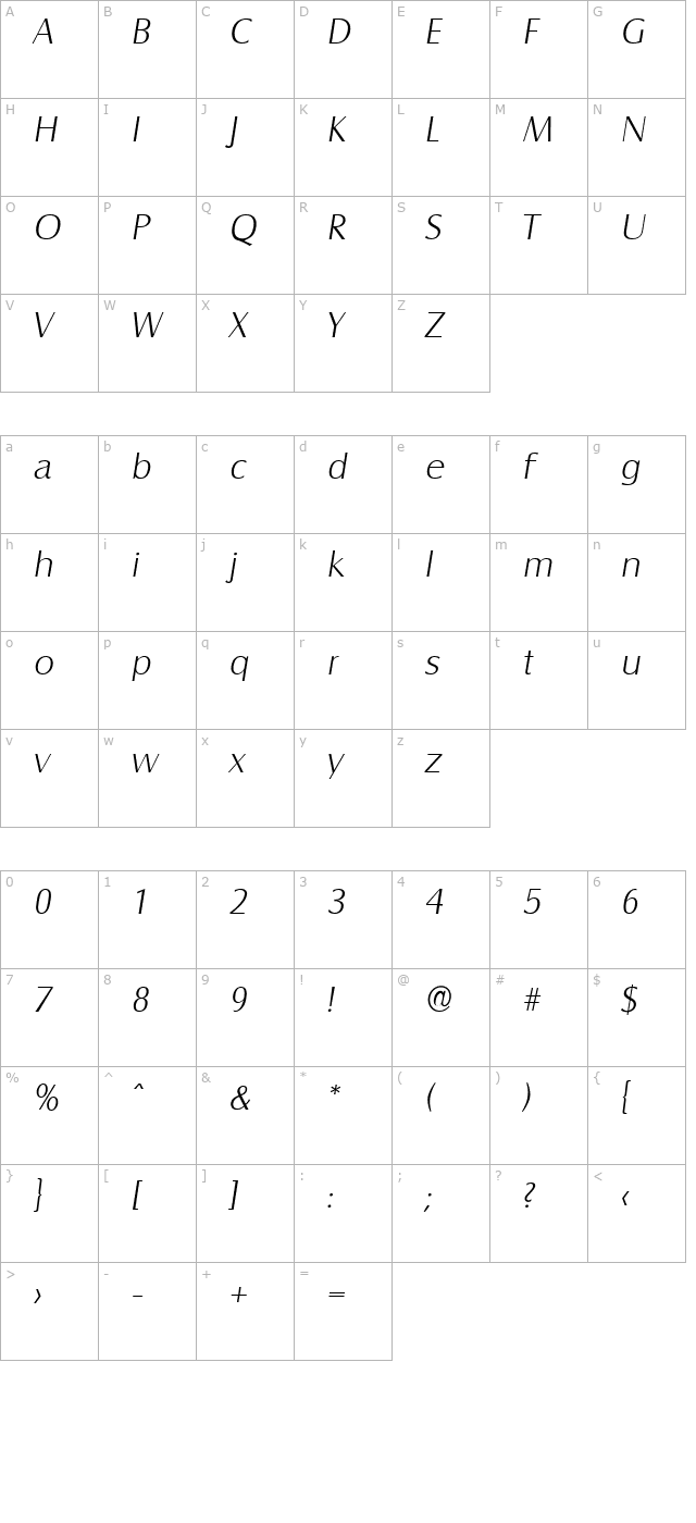 BillyBecker-ExtraLight Italic character map