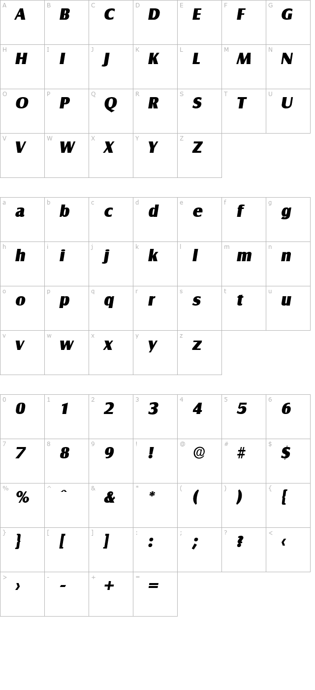 billybecker-heavy-italic character map