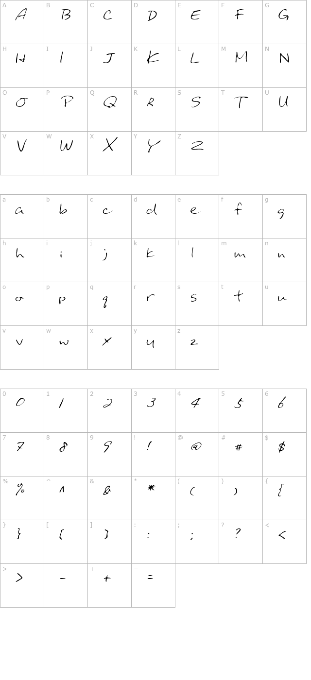 BinghamsHand Italic character map