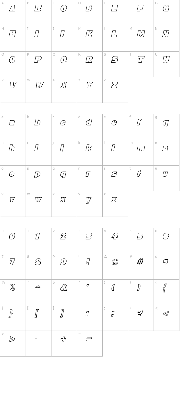 Bleucher Italic character map