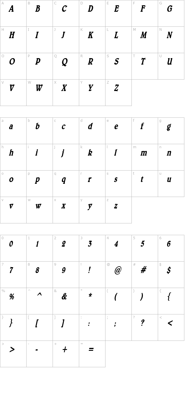 Blew Condensed Bold Italic character map