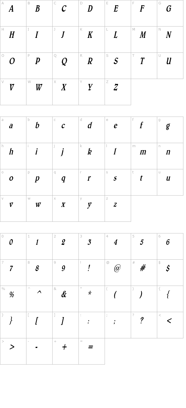 Blew Condensed Italic character map