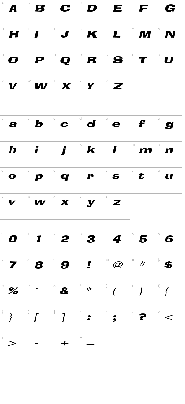 BloxExtended Italic character map