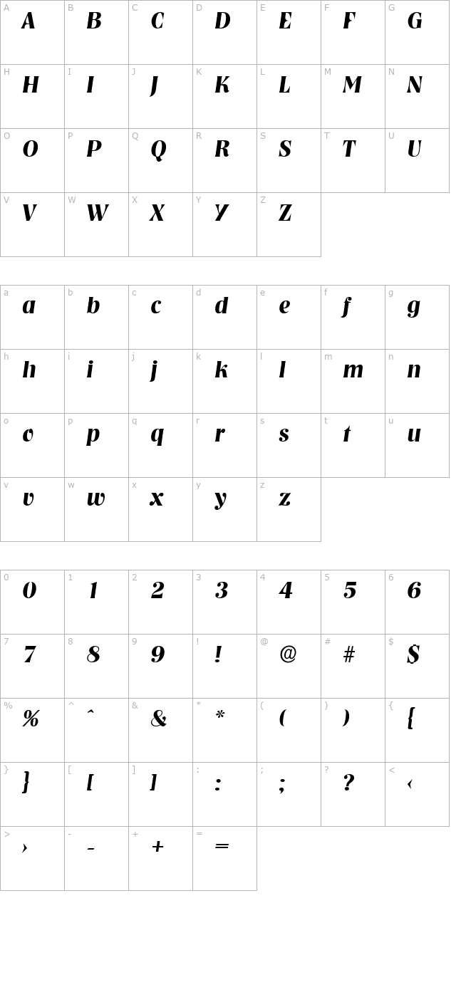 BobBecker Bold Italic character map